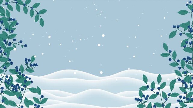 Winter background with branches and berries animation. Falling snow with snowflakes. Winter snowy background for banner, poster, wallpaper, greeting card, advertising. 4K animation