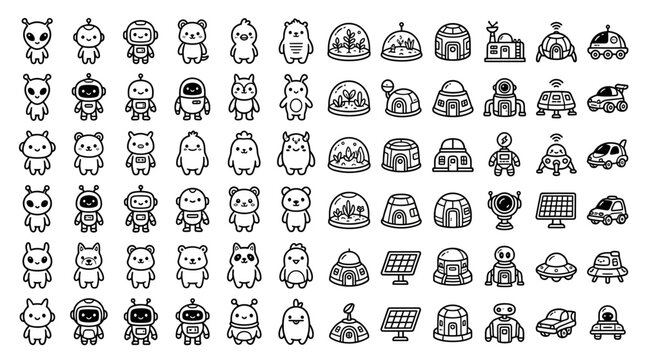 Cute Cartoon Aliens, Robots, and Space Domes Collection - Vector Icons