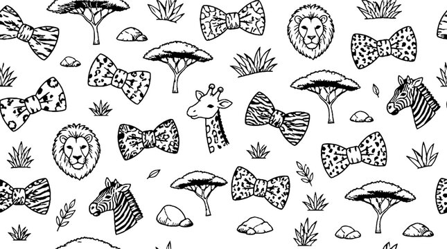 African wildlife and bow tie patterns in black and white.