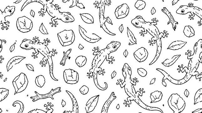 Detailed black and white lizard and plant illustration.