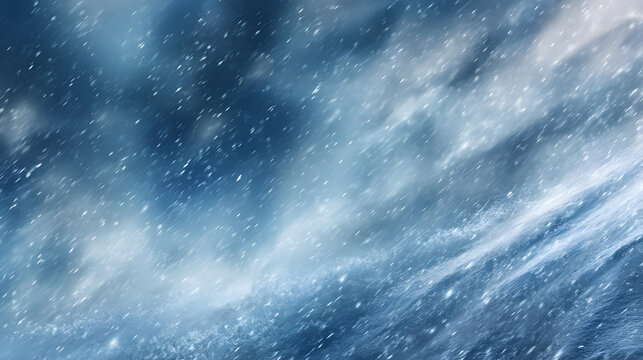 Winter background with falling snow and a blizzard over frozen natural textures, blue tones.