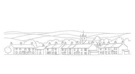 Fototapeta premium Linear Village Landscape with Church and Hills