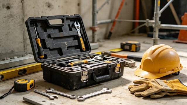 Construction Helmet With Open Tool Case On Worksite