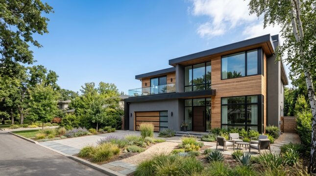 A modern, two-story house sits on a landscaped property. The house features a dark gray exterior, large windows, and a wood-clad facade.