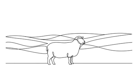 Minimalist single line drawing of a sheep standing in abstract wavy landscape © Vector