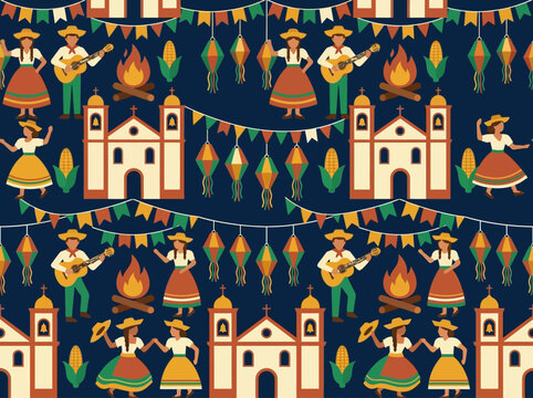 Brazilian Festa Junina Seamless Pattern with Traditional Dancers and Icons