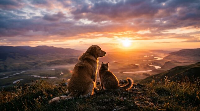 Dog and cat sitting on hill watching sunset over scenic valley