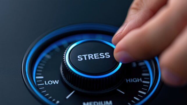 Stress and anxiety management concept with a hand adjusting a mental health dial