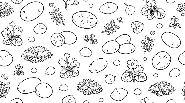 Hand drawn sketch of potatoes and plants.
