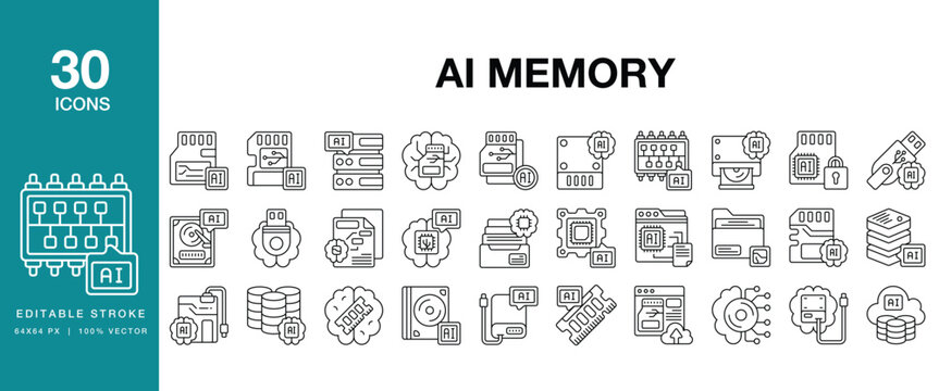 AI Memory icon set. Includes ai, memory, intelligence, artificial, learning, neural and More. Editable Stroke Icon Collection.
