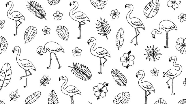 Elegant flamingo and tropical foliage pattern design.