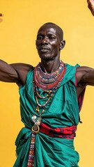 Obraz premium Masai Man in Traditional Attire Dancing with Joy.