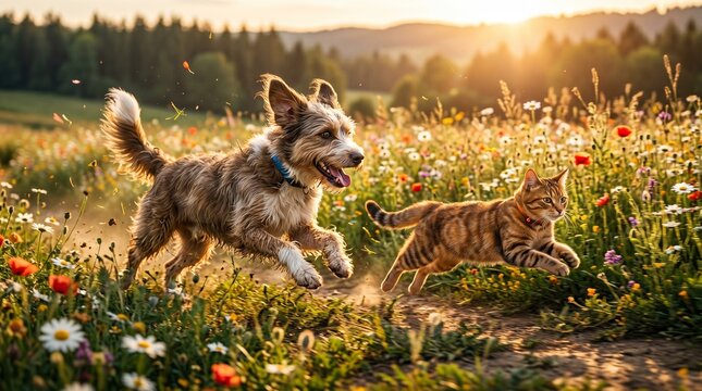 Happy dog and cat playing in a sunny flower meadow