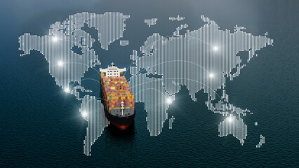 Plakat 3D Illustration Aerial View Container Ship on Ocean with Global Shipping Route World Map Network