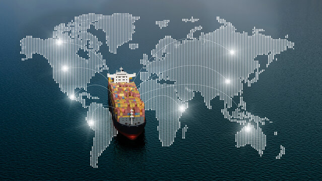 3D Illustration Aerial View Container Ship on Ocean with Global Shipping Route World Map Network