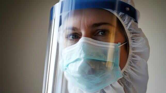 A healthcare worker wears a face mask and a clear plastic face shield, along with a surgical cap and a white coat. She looks directly at the camera with a serious expression.