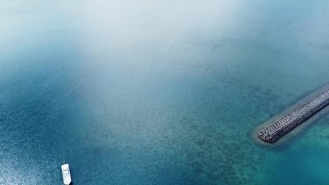 Drone aerial view of the deep blue ocean and clear sky, minimalist seascape background