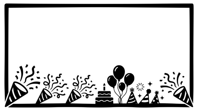 Black and white celebration border with birthday cake balloons and confetti poppers