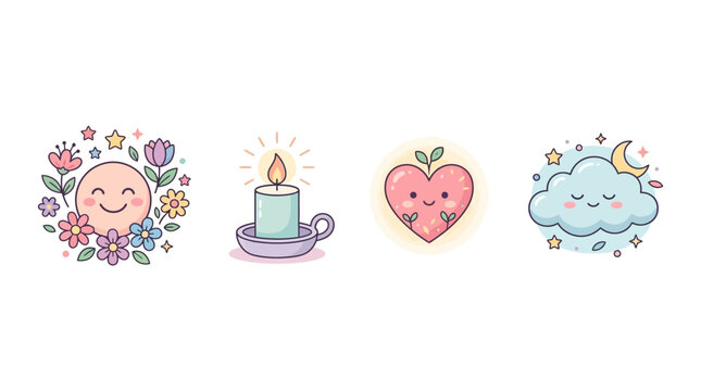 A set of four emoticon stickers featuring a smiling face surrounded by flowers, a lit candle, a heart with a bite taken out of it, and a cloud with a crescent moon.