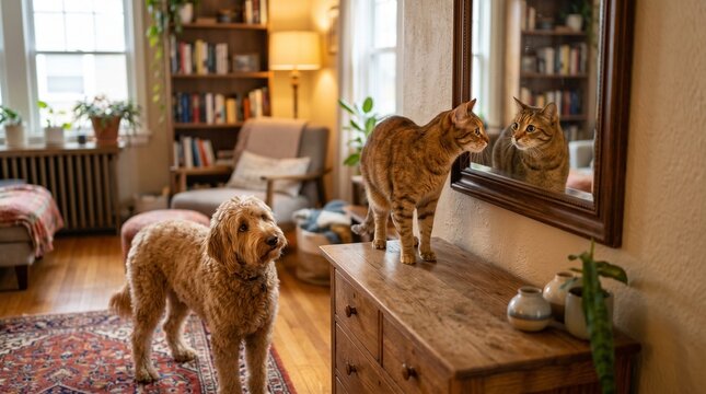 Cozy living room with dog and cat near mirror