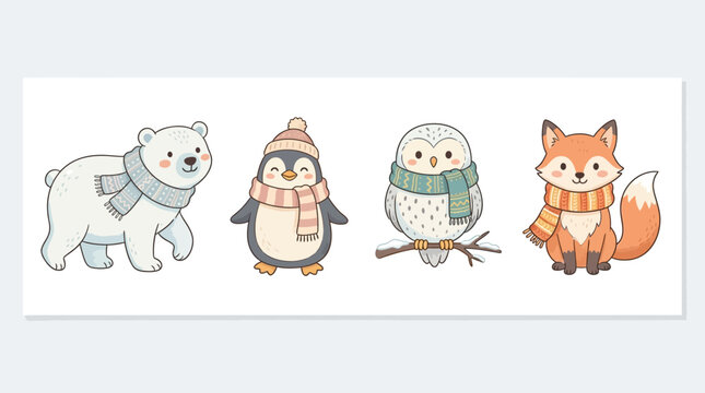 Adorable animals wearing scarves and hats stand together in winter.