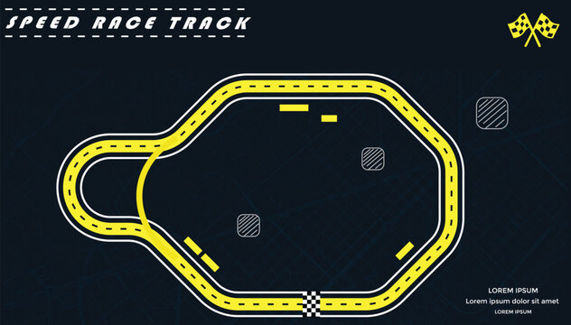 Road track or Race track in yellow color isolated on dark background with a street map.