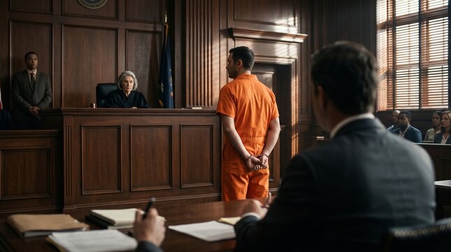 Accused White Male Prisoner Standing in Courtroom Before Judge and Jury in Orange Jumpsuit. Formal legal trial inside a wood paneled courthouse with defense counsel and public gallery.