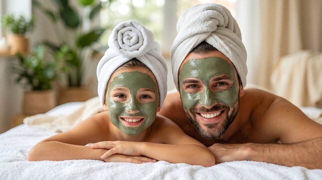 Father and daughter bonding with clay face mask
