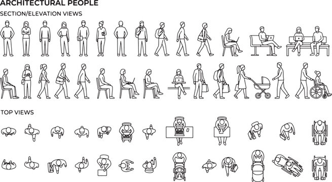 Architectural people vector set with elevation and top views for interior design floor plans and urban planning scale drawings