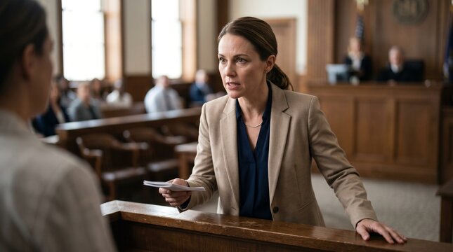 Confident white female lawyer presenting case in a courtroom during trial hearing, standing at the bench with documents, legal defense, justice and litigation concept