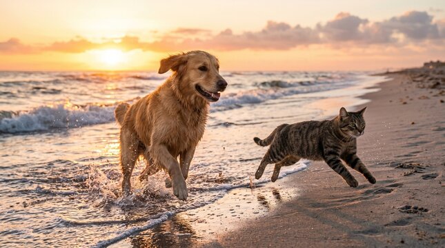 Golden retriever and tabby cat playing on a sandy beach at sunset