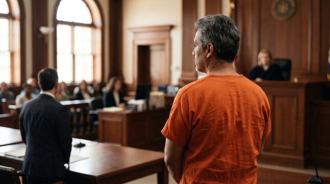 Middle aged white inmate standing in courtroom during a trial hearing, facing the judge and seated legal team in a wood paneled justice hall.