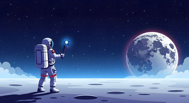Astronaut holding a glowing device on the moon surface looking at the moon.