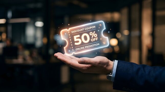 Digital Discount Coupon 50 Percent Off Promotion Concept with Futuristic Holographic Voucher in Businessman Hand for Online Marketing and E Commerce Savings