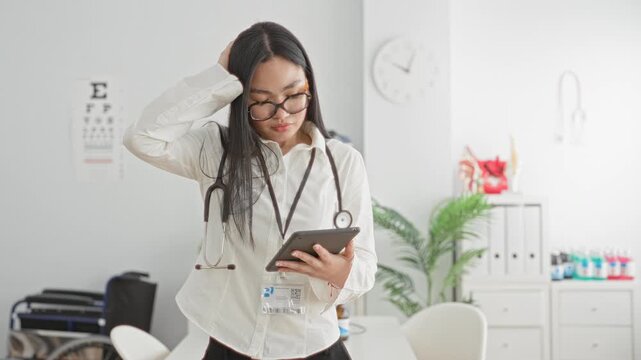 Woman doctor with stethoscope reading tablet, hand on head gesture in exam room inside a building, eye chart and wheelchair visible; focused concern patient care.