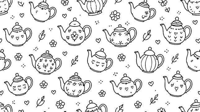 Whimsical teapot pattern with floral and heart designs.