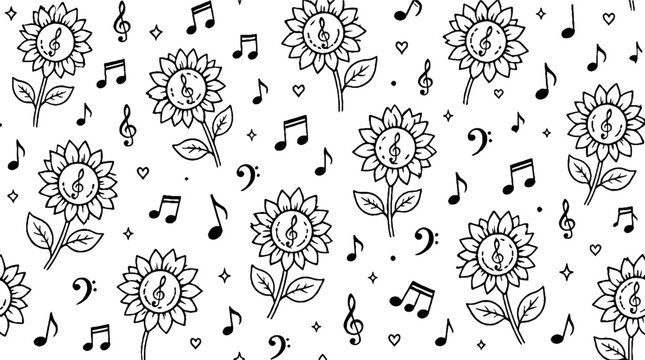 Black and white sunflower and music notes pattern design.