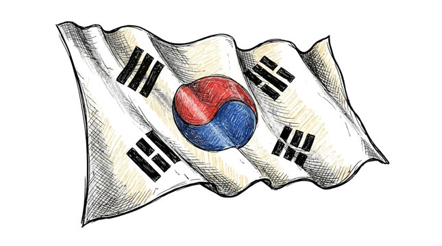 The South Korean flag waves with a red and blue emblem on a white background with black trigrams.