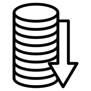 Abstract icon representing a stack of coins decreasing in value with a downward arrow