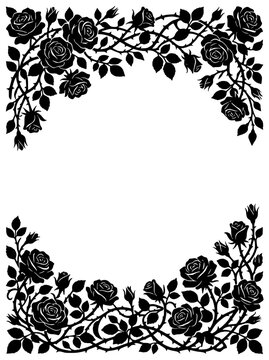Vintage black rose flower silhouette frame border with thorns