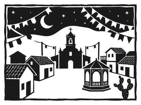 Traditional Brazilian Festa Junina Village Night Scene in Cordel Woodcut Style