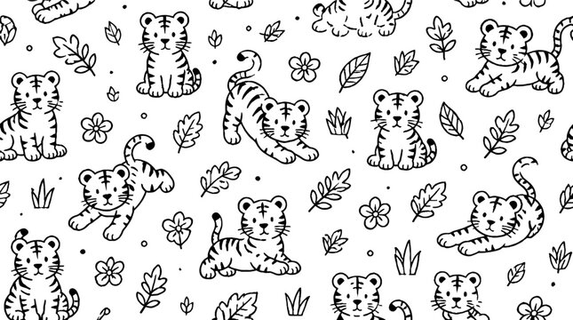 Playful tiger cubs and tropical leaves pattern design.