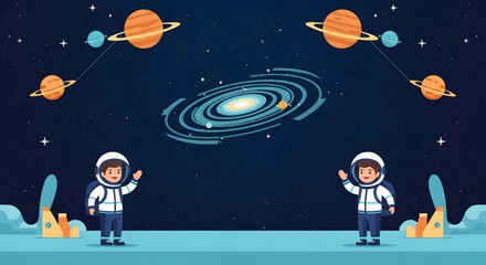 Naklejka premium Two cartoon astronauts wave hello in outer space with planets and galaxy.