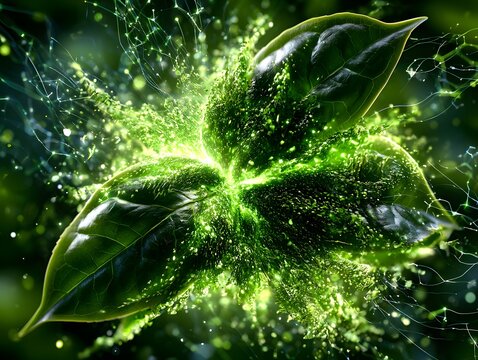 Green Tea Extract Glowing Tea Leaves with Antioxidant Botanical Energy for Skincare and Wellness Concept