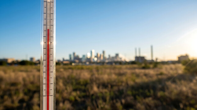 Extreme heat wave affecting an urban landscape, captured with a thermometer in the foreground, providing clear copy space for impactful news and advertising background visuals.