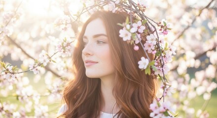 Fototapeta premium Serene portrait of a woman with floral crown among blooming trees in sunlight