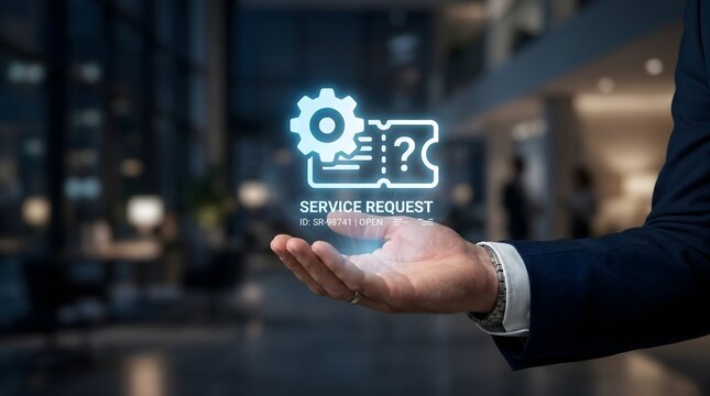 Digital Service Request Management Concept with Holographic Support Ticket and Workflow Automation Interface