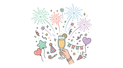 Fototapeta premium A hand holds a champagne flute amidst colorful fireworks and party decorations celebrating a festive occasion.