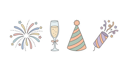 Obraz premium Party celebration with fireworks, champagne, hat, and noisemaker outside at night