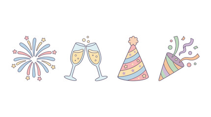 Obraz premium Celebration scene with fireworks, champagne glasses, party hat, and confetti outdoors